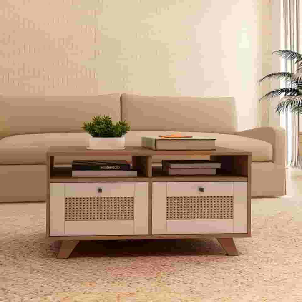 Mesa de Centro com 2 gavetas com corrediças telescopicas e impressão palha 3D TRAMA cor Cinamomo c/Off White - Artely