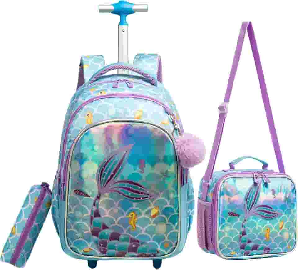 Mochila Rodinha Escolar Infantil de Lancheira e Estojo Lápis Ideal para Meninos e Meninas de 7 a 12 Anos (sereia02)