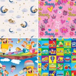 Papel para Presente, 50cm X 60cm, Couchê, Fantasia, Infantil I, 4 Estampas Sortidas, Pacote com 40 Folhas, Gessele