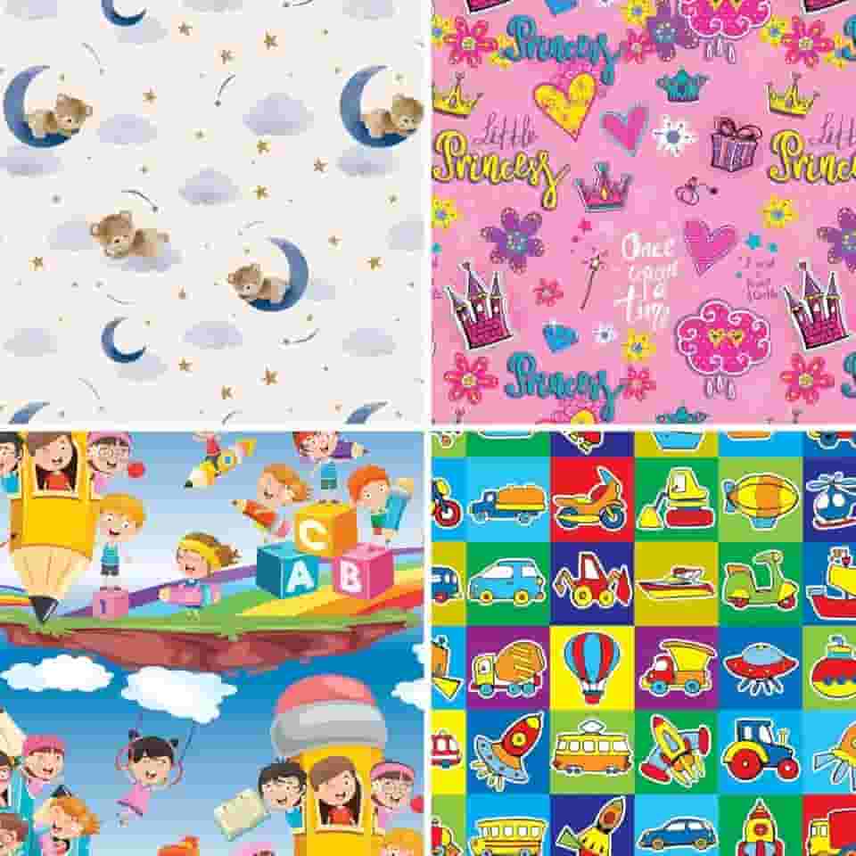 Papel para Presente, 50cm X 60cm, Couchê, Fantasia, Infantil I, 4 Estampas Sortidas, Pacote com 40 Folhas, Gessele