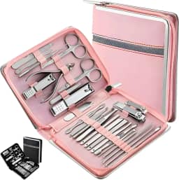 Kit Manicure e Pedicure com 26 Pçs - Alicate de Unha, Palito, Desencravador, Tesourinha, Espátula - Matetrial Durável em Aço Inox - Para Cuidados Pessoais com as Mãos Pés e Rosto, e Presente Criativo Unissex (Rosa)