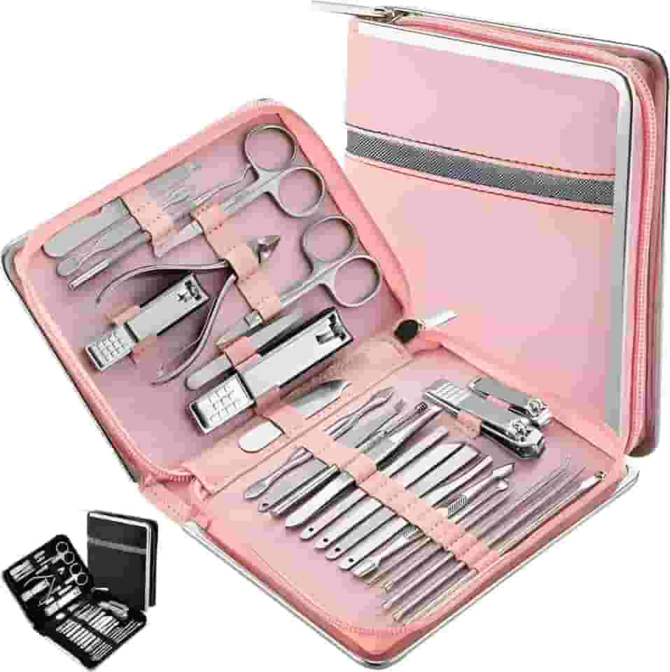 Kit Manicure e Pedicure com 26 Pçs - Alicate de Unha, Palito, Desencravador, Tesourinha, Espátula - Matetrial Durável em Aço Inox - Para Cuidados Pessoais com as Mãos Pés e Rosto, e Presente Criativo Unissex (Rosa)