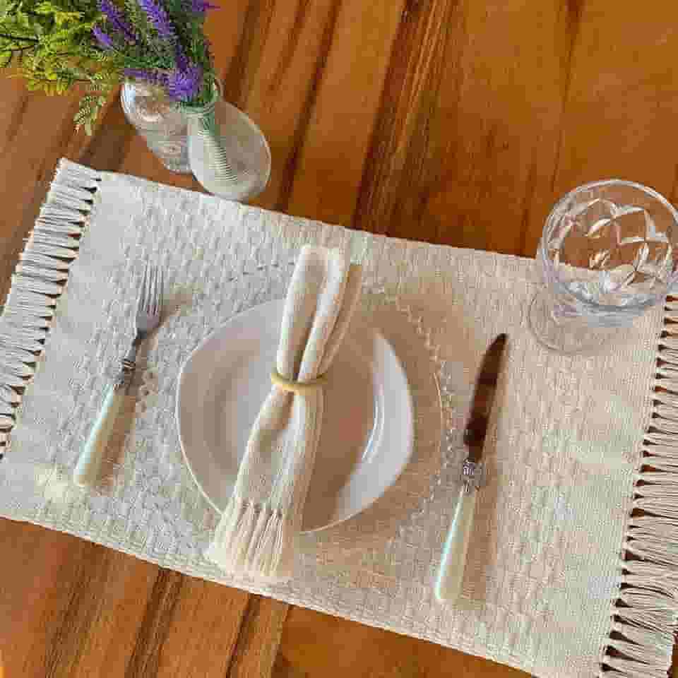 Jogo Americano Cru Com Guardanapo De Algodão Cru 6 Lugares Com Franjas Em Tear