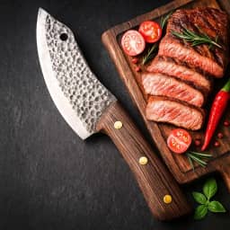 Cutelo Faca Facão Chef Açougueiro Artesanal Sérvio em Aço Inox Forjado, Lâmina Martelada, Cabo de Madeira Rústico com Bainha de Couro para Churrasco e Cozinha Profissional