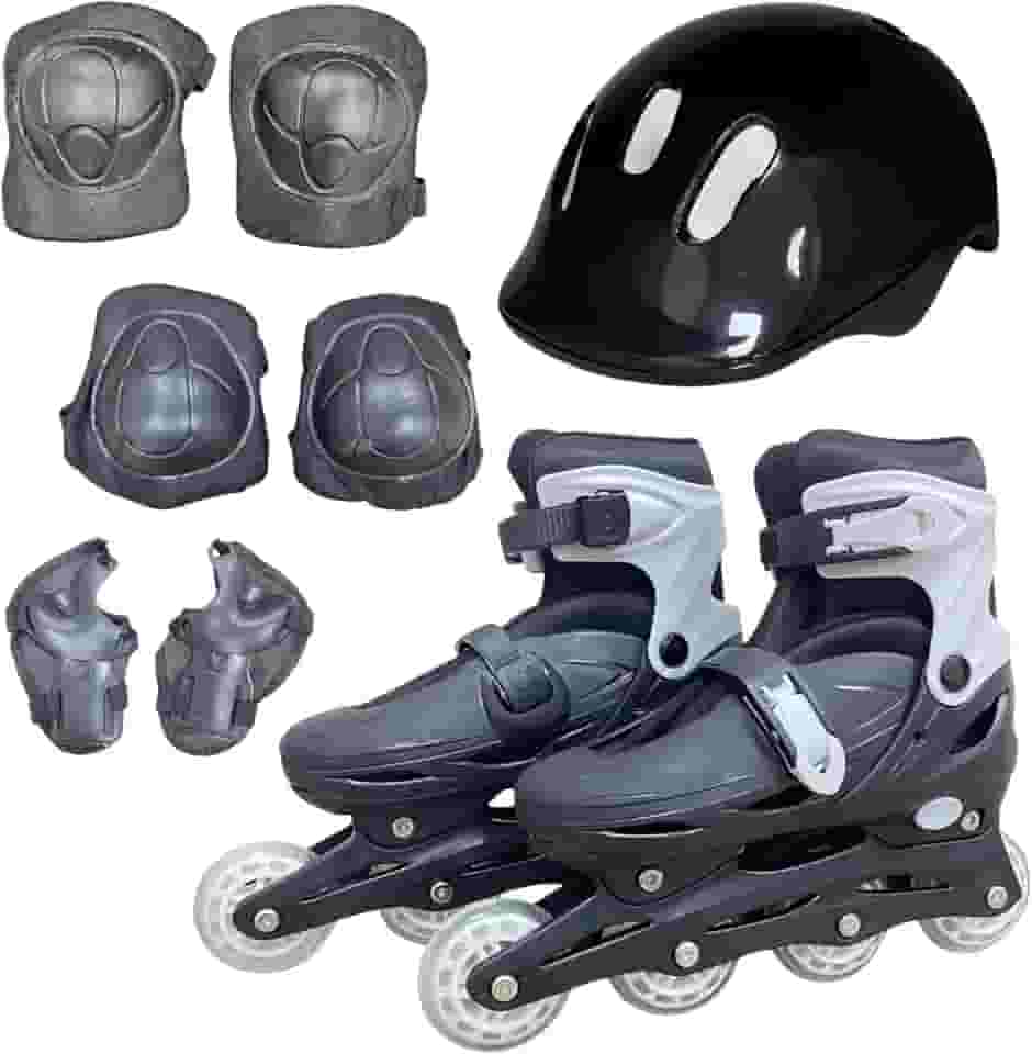 Kit Patins Roller In Line Ajustável com Capacete e Proteções, Preto e Cinza