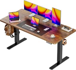 Huuger Mesa elétrica grande de 139 x 71 cm, mesa de computador com altura ajustável, mesa de 70 cm de profundidade, mesa de escritório para jogos de pé com 2 ganchos, 3 alturas predefinidas, para