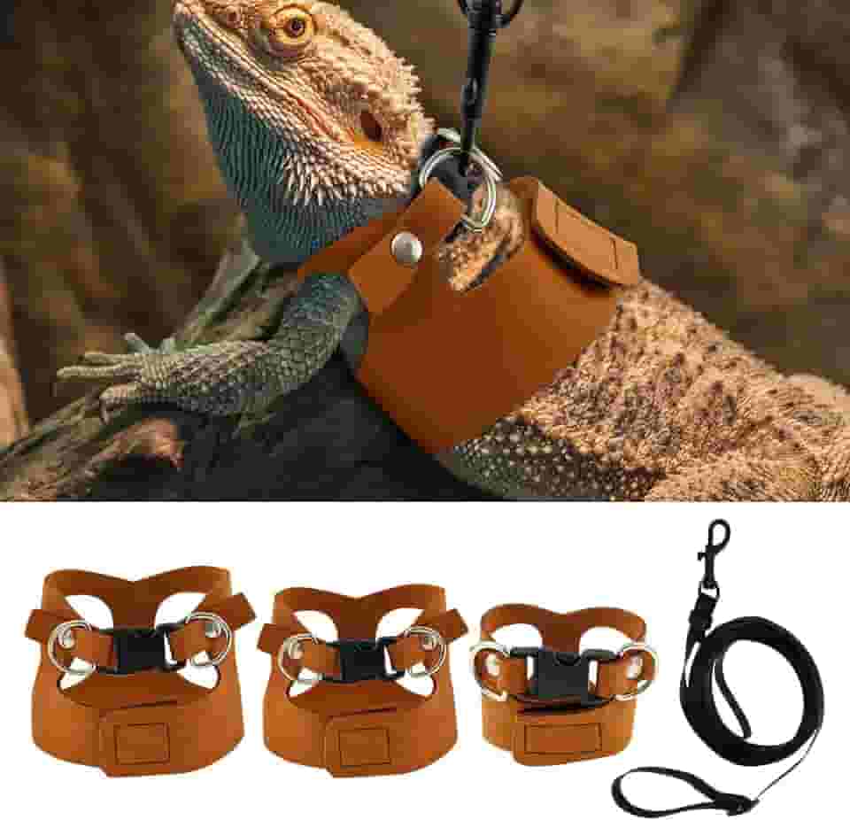Pacote com 3 arnês e coleira de dragão barbudo ajustável, de couro macio, para lagarto, 3 tamanhos, com coleira retrátil, corda de tração de animais pequenos, acessórios para lagartos e outros répteis