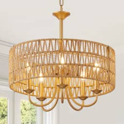 Lustre de vime grande Boho de 5 luzes, lustres de vime dourado para sala de jantar com sombra tecida à mão, luminária pendente de tambor rústico de fazenda para sala de estar, corredor, hall de