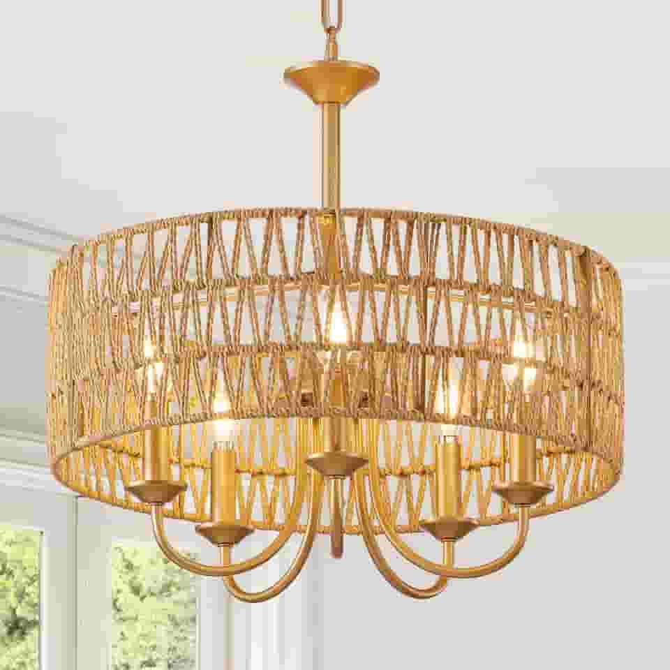 Lustre de vime grande Boho de 5 luzes, lustres de vime dourado para sala de jantar com sombra tecida à mão, luminária pendente de tambor rústico de fazenda para sala de estar, corredor, hall de