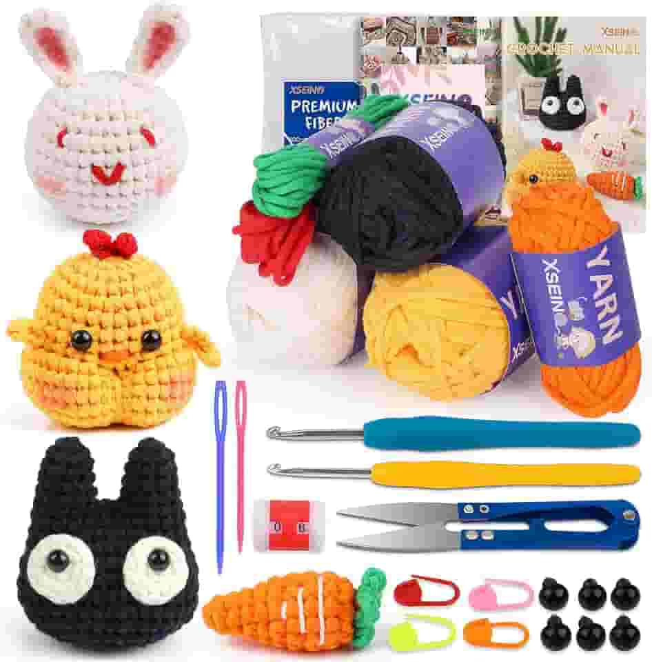 XSEINO Kit de crochê para iniciantes, kit de crochê com tutoriais em vídeo passo a passo, kit de aprender a fazer crochê para adultos e crianças – gato, pintinho, coelho, cenoura