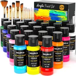 Nicpro Conjunto de tinta acrílica, 24 cores com 12 pincéis e paleta, kit de materiais de arte não tóxicos para pintura de tecido, tela, argila, madeira, rocha e cerâmica, abóbora de Halloween