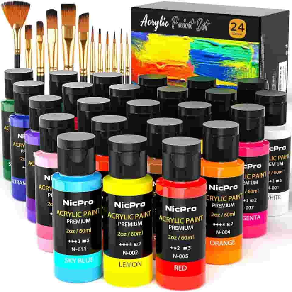 Nicpro Conjunto de tinta acrílica, 24 cores com 12 pincéis e paleta, kit de materiais de arte não tóxicos para pintura de tecido, tela, argila, madeira, rocha e cerâmica, abóbora de Halloween