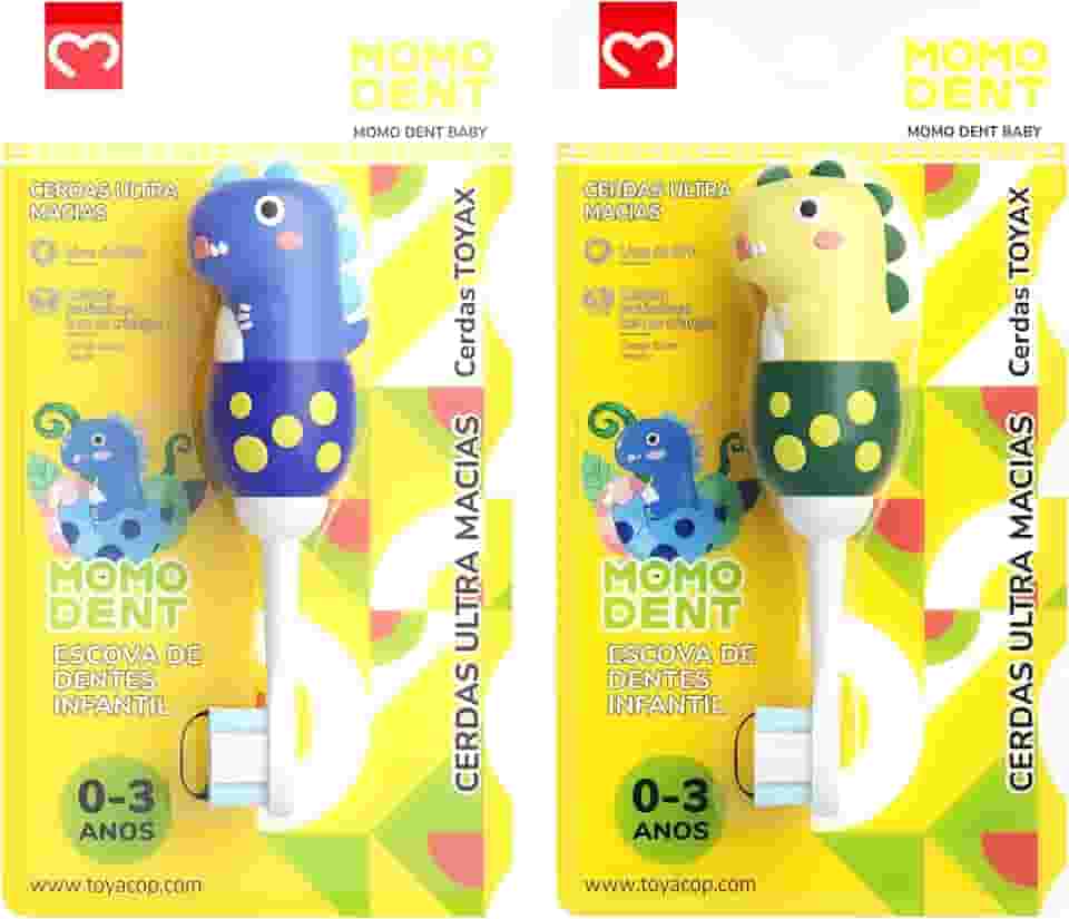 MOMODENT Escova de Dentes Infantil para 0-3 Anos Bebe, Dinossauro, Cabo de Silicone Macio, Cabeça Macia, Limpeza Suave (Azul+Amarelo(2 unidades))