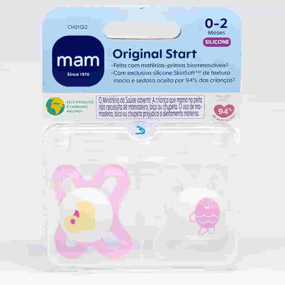 MAM Baby Kit com 2 Chupetas Original Start Com Bico Simétrico de Silicone SkinSoft para Crianças 0-2 Meses Com Caixa Esterilizadora, Rosa e Branco