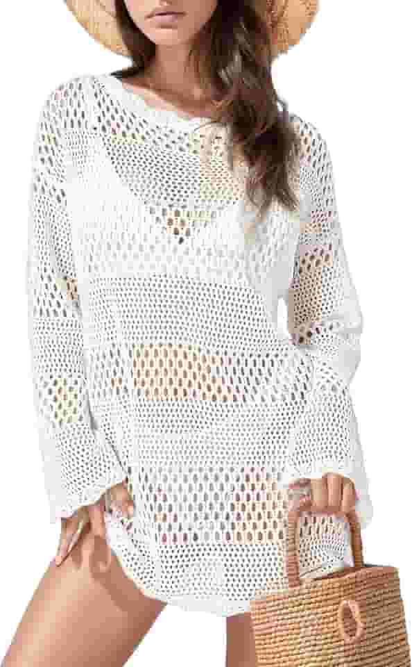 Saída de praia de crochê para mulheres, roupa de banho vazada de malha, pulôver, roupa de banho, saída de praia