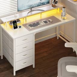 Huuger Mesa de computador de 120 cm com tomadas elétricas e luzes LED, mesa de jogos com 4 gavetas, mesa de escritório com suporte para monitor, mesa de estudo para escritório em casa, espaços