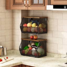 Organizador de Frutas de Parede, Conjunto de Cesta de Frutas de Metal com 2 peças, A placa Superior Pode Ser Usada para Segurar Potes de Especiarias, Fruteira de Cozinha para Legumes e Frutas