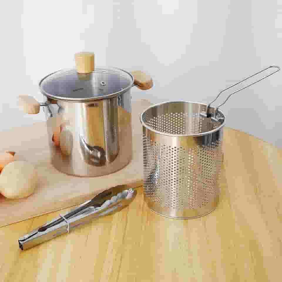 ZJRDYYK Panela de fritadeira pequena com cesta e tampa, recipiente de graxa de aço inoxidável para cozinha com filtro, panela de fritura profunda, guarda óleo para cozinha, panela de fritadeira para