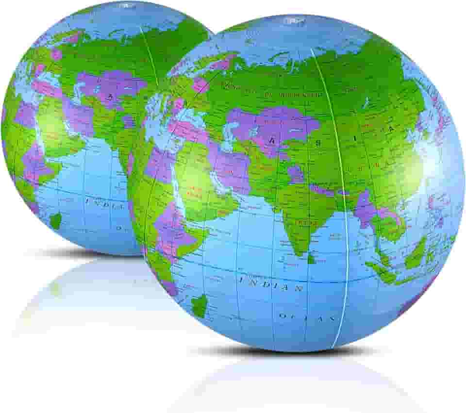 Pacote com 2 bolas infláveis de praia globo mundial infláveis de 40,6 cm para brincar ou ensinar na praia, bolsas de festa, festa na piscina de verão, material de PVC