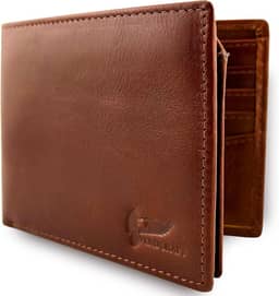 Carteira masculina de couro genuíno – Carteira masculina fina com bloqueio RFID com janela para identidade, 10 compartimentos para cartões e bolsos ocultos – Carteira masculina fina