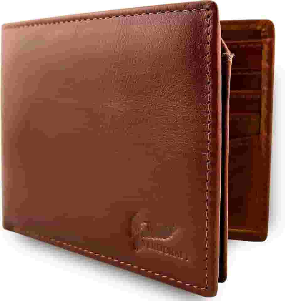 Carteira masculina de couro genuíno – Carteira masculina fina com bloqueio RFID com janela para identidade, 10 compartimentos para cartões e bolsos ocultos – Carteira masculina fina