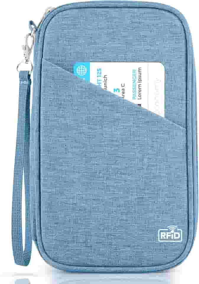 Porta-passaporte familiar, carteira feminina com bloqueio de RFID, organizador de documentos de viagem, porta-passaportes premium, Azul neutro, 5 inches x 9 inches x 0.78 inches, Compacto
