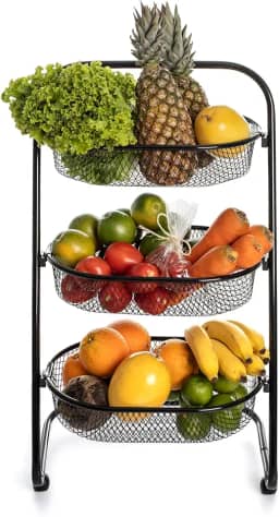 Metaltec Fruteira De Chão Em Aço Resistente Com Rodinhas Multiuso Carrinho Organizador 3 Cestos para Cozinha Reforçado - Preto