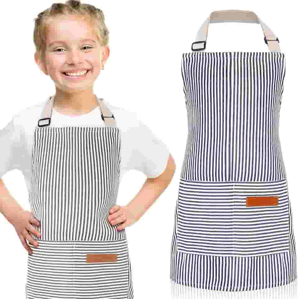 Jiuguva Pacote com 2 aventais infantis ajustáveis avental de chef de algodão listrado avental de cozinha com 2 bolsos para crianças assadas (azul, marrom)