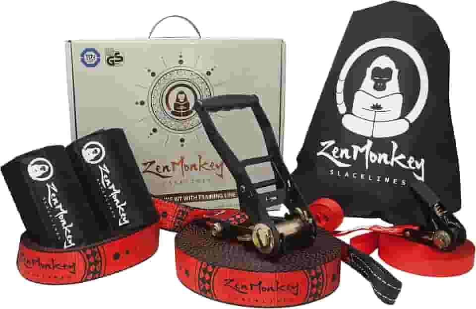 Kit ZenMonkey Slackline com linha de treinamento aéreo, treinador de braço, protetores de árvore, bolsa de transporte de tecido e instruções, 1,8 m – fácil configuração para a família, crianças e