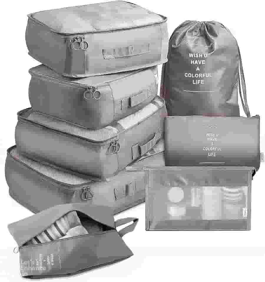 Kit Organizador de Malas para Viagem 8 Peças – Bolsas Organizadoras de Roupas, Calçados e Acessórios | Facilite sua Viagem com Praticidade (Cinza)