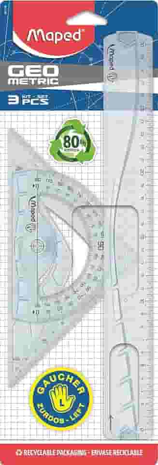 Kit 3 Peças Geometric para Canhoto, 1 Régua 30cm, 1 Esquadro 45° e 1 Transferidor 180°, Maped, 897118