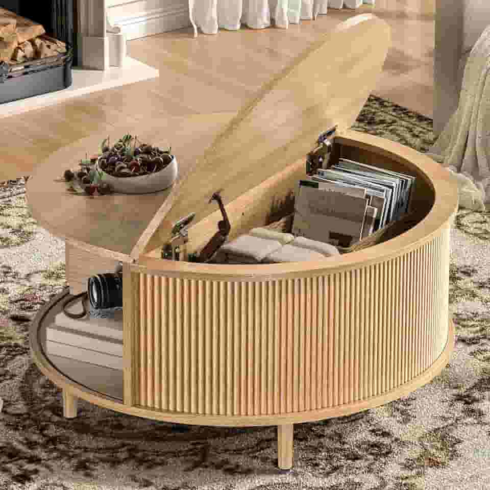 Mesa de centro redonda, mesa central canelada de 80 cm com armazenamento, mesa de centro elevatória com almofadas ajustáveis, porta deslizante, mesa central moderna de meados do século para sala de