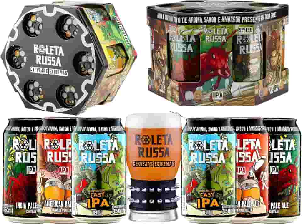 Kit Presente Cerveja Roleta Russa IPA, APA, Easy IPA Lata 350ml e Copo Bracelete 300 ml