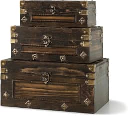 Soul & Lane Baús de armazenamento de madeira Branson – Conjunto de 3, baús decorativos vintage com tampas articuladas para decoração e armazenamento de casa, caixas de madeira antiga para lembranças