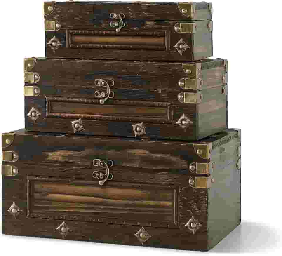 Soul & Lane Baús de armazenamento de madeira Branson – Conjunto de 3, baús decorativos vintage com tampas articuladas para decoração e armazenamento de casa, caixas de madeira antiga para lembranças