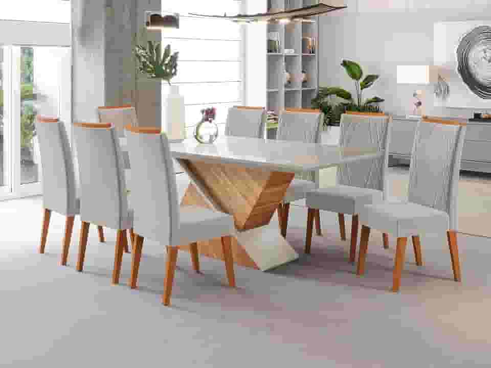 Mesa de Jantar Retangular Pipa com 8 Cadeiras Madeira Maciça Vegas Mel/Marfim/Off White