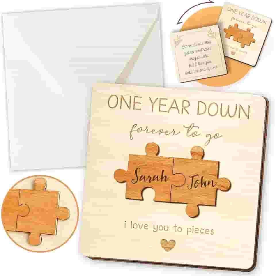 STOFINITY Cartão de aniversário de 1 ano para marido e esposa – Presentes de madeira de aniversário de 1 ano para namorado, namorada, presente de madeira de 1 ano para ele e ela, cartões de primeiro aniversário de casamento para casais
