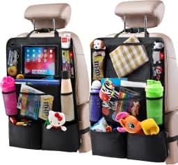 H Helteko Organizador de carro para banco traseiro, protetor de assento traseiro com suporte de tablet para tela sensível ao toque, organizador de assento traseiro para crianças, acessórios de viagem de carro, tapete com 9 bolsos de armazenamento, pacote com 2