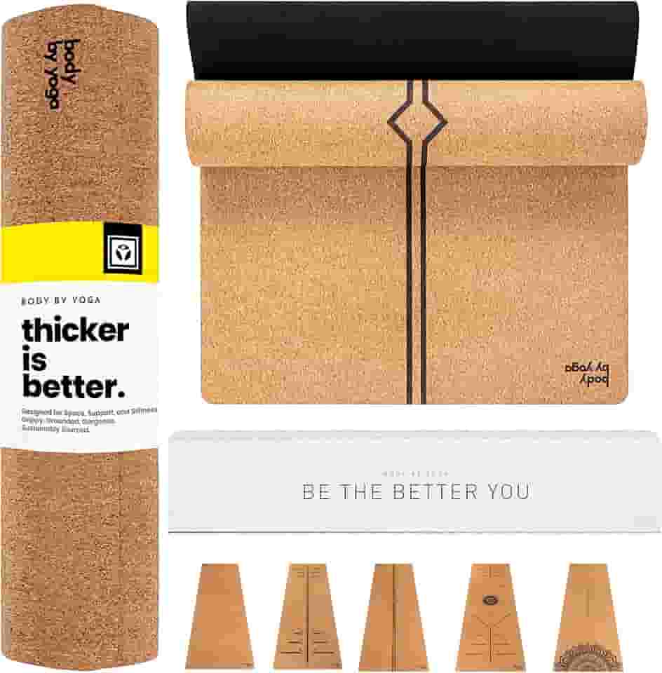 Tapete de ioga de cortiça antiderrapante, macio, resistente ao suor. Mais grosso, mais longo e mais largo para mais conforto e suporte. Resistente o suficiente para ioga quente. Linhas de