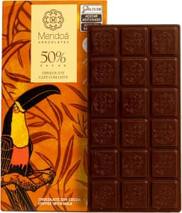 Mendoá, Barra de chocolate premium 50% de cacau ao leite, café com leite, 80 gramas