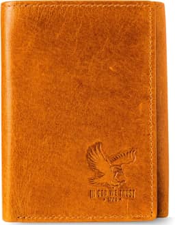 Carteira masculina com três dobras de couro genuíno RFID, bolso secreto, Eagle Brown - Wild Eagle Creek Tan