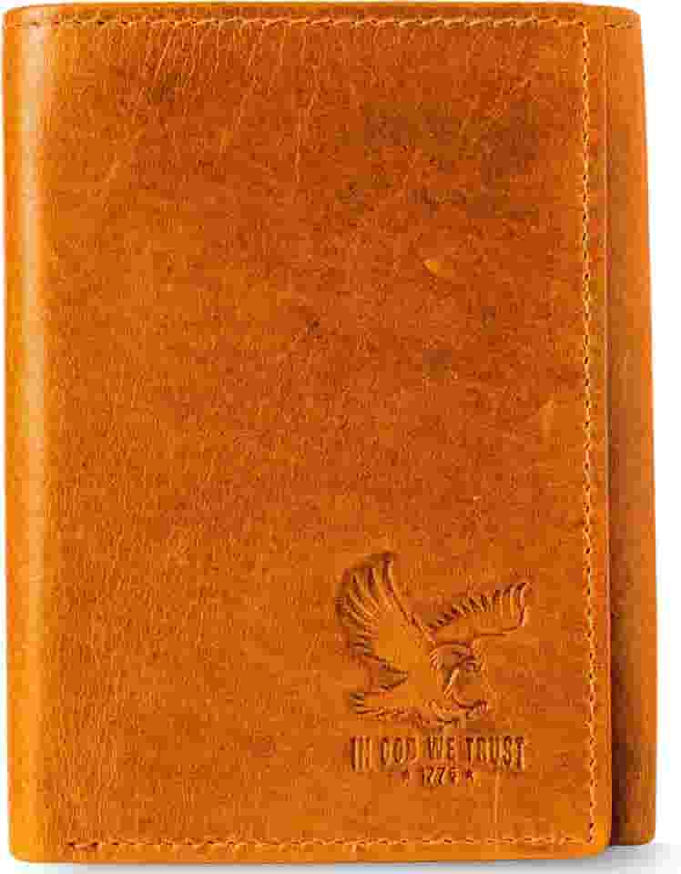 Carteira masculina com três dobras de couro genuíno RFID, bolso secreto, Eagle Brown - Wild Eagle Creek Tan