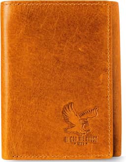 Carteira masculina com três dobras de couro genuíno RFID, bolso secreto, Eagle Brown - Wild Eagle Creek Tan