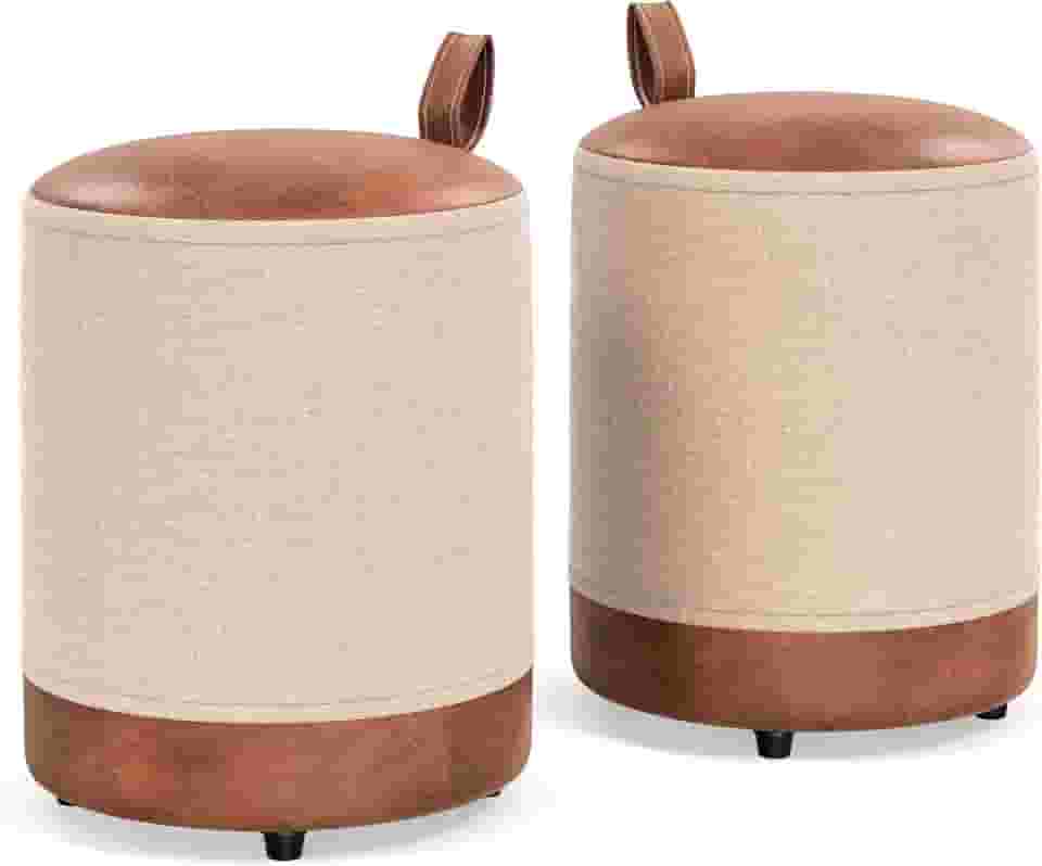 Conjunto 2 Puffs Redondos Bege/Cinza – Linho e Courino, Suporta 120KG - Euro (Beje)