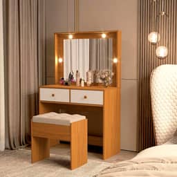 Penteadeira Lívia Com banqueta Inclusa, Led e Espelho Nature/Off