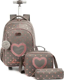 Mochila Rodinha Escolar Infantil de Lancheira e Estojo Lápis Ideal para Meninos e Meninas de 7 a 12 Anos (amor02)