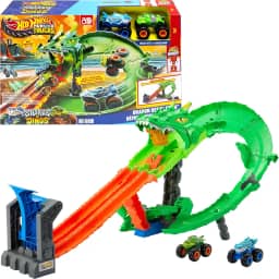 Hot Wheels Monster Trucks Pista de Brinquedo Tubarões vs. Dinossauros: Destruição do Dragão para crianças a partir de 4 anos