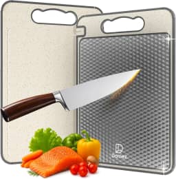 DOMEZ Tábua de Corte Inox para Cozinha Dupla Face Aço Inoxidável e PP, Superfície Higiênica para Carnes e Vegetais, Afiador Integrado, Canaletas Antirrespingo, Base Antiderrapante e Alça Ergonômica