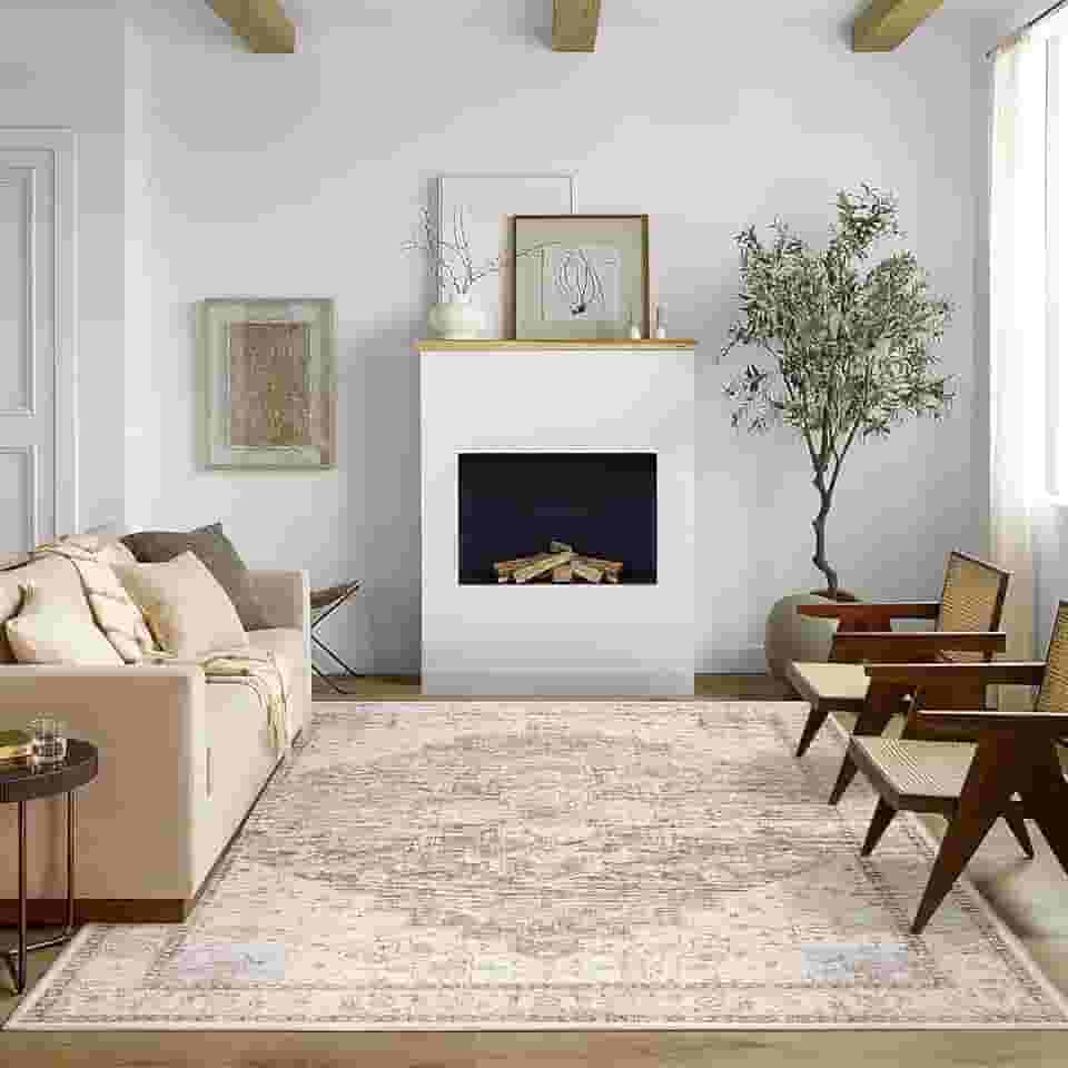 Boho Farmhouse Tapete de quarto lavável, fácil de limpar, resistente a manchas, vintage, rústico, neutro, persa, para sala de jantar, embaixo da mesa, marrom claro bege com estampa de