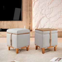 Puff Quadrado flex baú Linho Soft Madeira maciça Assento e mesa de centro